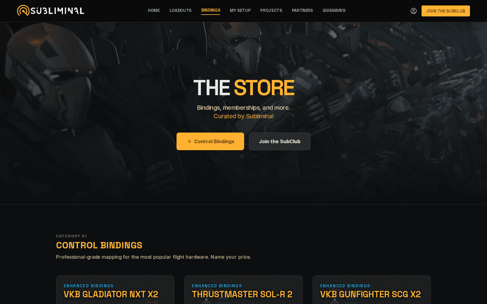 SubliminalsTV's Curated Bindings store — Star Citizen joystick profiles for VKB, Virpil, Moza, and Thrustmaster