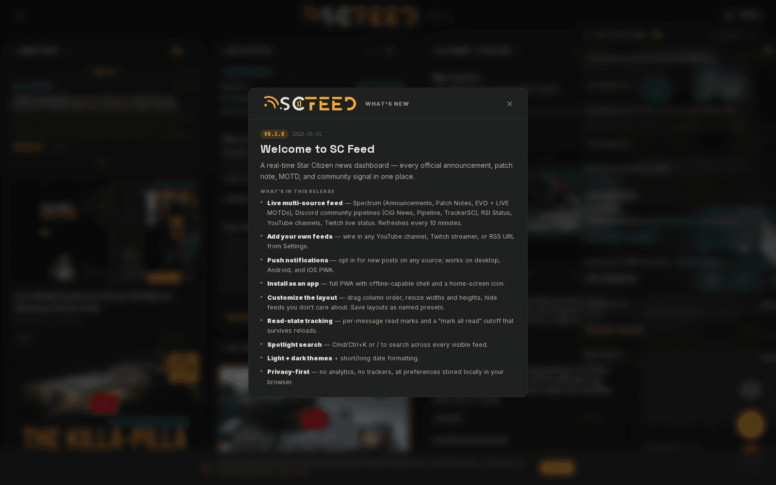 SC Feed dashboard — the live Star Citizen news aggregator built by SubliminalsTV