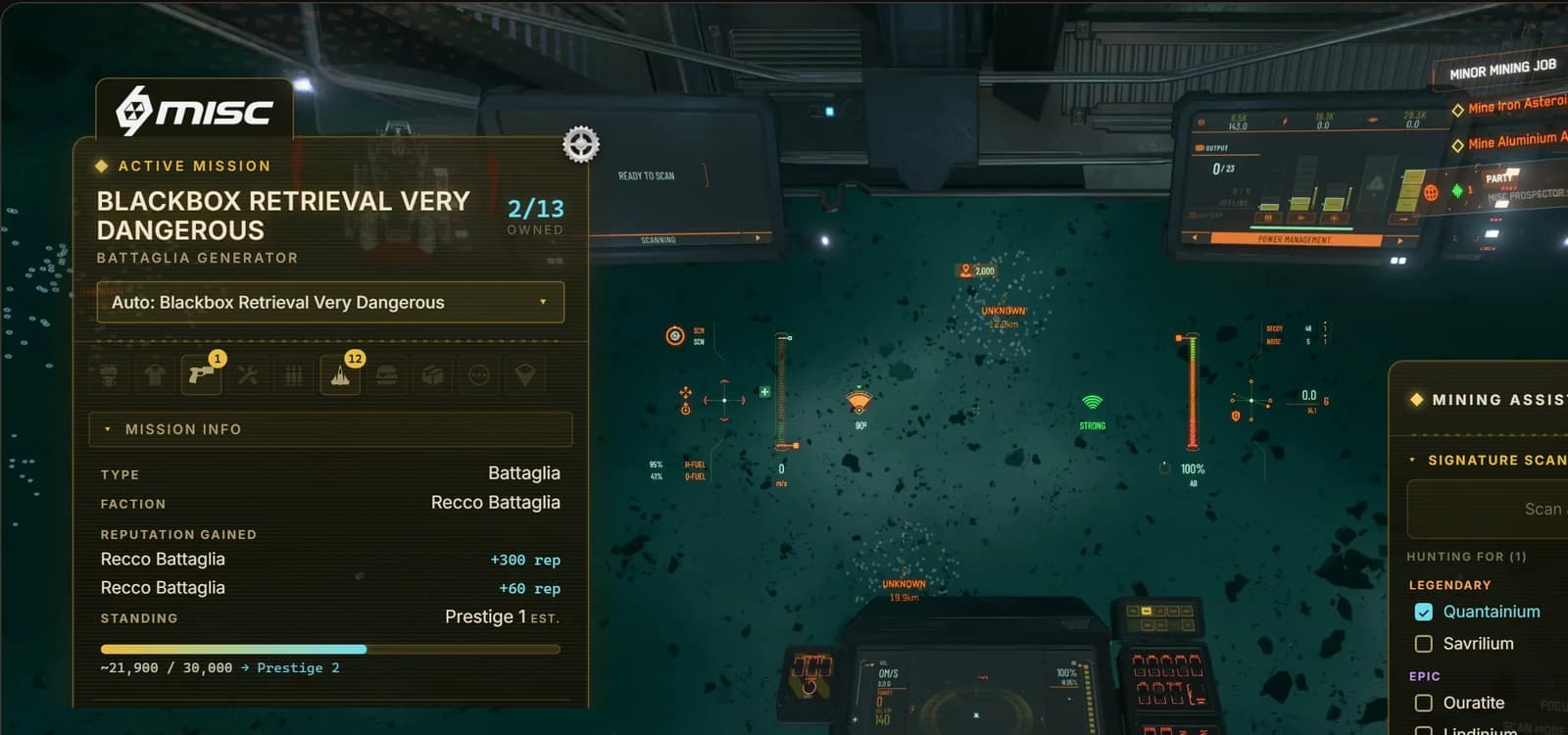 SC Overlay running over Star Citizen — the Mission & BP Tracker and Mining Scanner wearing the MISC skin in a Prospector cockpit
